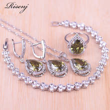 Risenj-conjunto de joyas románticas de estilo español, conjunto de pulsera, anillo, pendientes y collar, verde oliva, pera grande, circón, Color plateado 2024 - compra barato