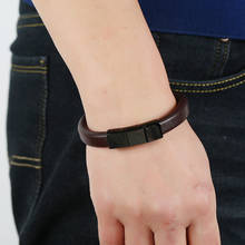 Pulseiras masculinas de couro legítimo, braceletes vintage pretos de aço inoxidável com berloque magnético para homens, joias para presente 2024 - compre barato