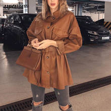 2021 Brown PU Soft Leather Jacket Women Fashion Medium Length Slim Faux PU Leather Coats Elegant Tie Belt Waist Pockets Jacket 2024 - buy cheap