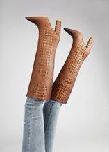 Chunky heeled apontou toe botas femininas de couro impresso salto alto marrom outono deslizamento em meados de bezerro botas 2024 - compre barato
