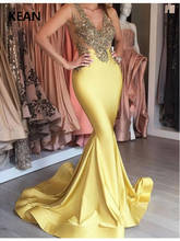 Yellow Evening Dress Deep-v Gold Appliques Mermaid Illusion Islamic Dubai Kaftan Saudi Arabic Evenin Prom Dress Custom Made 2024 - buy cheap