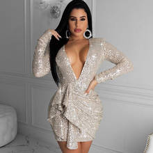 Women Sequined Bodycon Dress Deep V Neck Long Sleeve Ruffles Backless Tight Nightclub Party Mini Dresses Bandage Plus Size S-4XL 2024 - buy cheap
