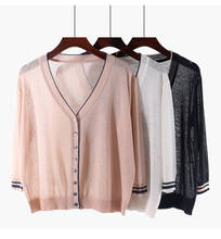Suéter feminino com gola v, blusão de malha fino para o verão, moda de ar condicionado, protetor solar, tricô 2024 - compre barato