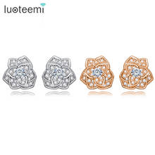 LUOTEEMI Trendy Statement Rose Flower Cubic Zircon Champagne Gold-Color Stud Earrings For Women Luxury Brincos Wholesale Items 2024 - buy cheap
