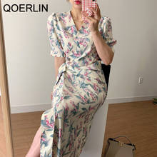 Платье QOERLIN женское с V-образным вырезом, элегантное слитное приталенное свободное платье средней длины с цветочным принтом, со шнуровкой и коротким рукавом, лето 2021 2024 - купить недорого