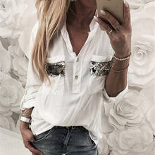 Blusa feminina branca, moda primavera e outono, camisa de manga longa com lantejoulas e botão, vestuário casual streetwear 2024 - compre barato