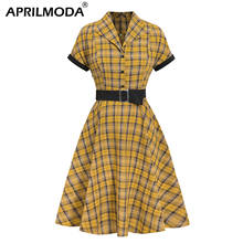 2021 Summer British Yellow Plaid Vintage Dress Women V Neck Belt Short Sleeve Big Swing Party Robe Rockabilly 50s Retro Dresses 2024 - buy cheap