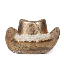 Sombrero de vaquero occidental de cuero para mujer, Sombrero de Jazz de ala dorada, Sombrero de vaquera, cinturón de perlas, tamaño 58-59CM 2024 - compra barato