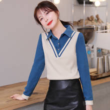 #1921 Blue Red False Two Piece Blouse Women Korean Style Lapel Collar Casual Office Blouse Polo-Collar Elegant Blouse Femme Tide 2024 - buy cheap