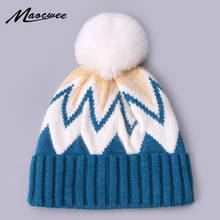 Winter Women Mixed Color Beanie Hat With Faux Fur Pompon Cute Knitted Stripe Patterned Wool Ski Cap Bonnet Warm Soft Hat Beanie 2024 - buy cheap