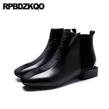 Genuine Leather Fur Ankle Block Chunky Square Toe Fall Booties Horsehair British Short Women Shoes Black Winter Side Zip Boots 2024 - buy cheap