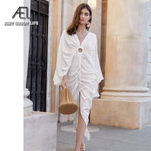 AEL сексуальное длинное платье макси с глубоким v-образным вырезом и разрезом 2020 хлопковое мягкое Белое Платье асимметричное свободное Повседневное платье с вырезами 2024 - купить недорого