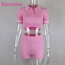 Karlofea Pink Ribbed Knitted Living Room Lounge Wear Women New Hot Matching Suit Short Sleeve Crop Top Shorts Casual 2 Piece Set 2024 - buy cheap