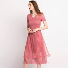 Plus Size Dress Summer Women Elastic Miyake Pleated V-Neck Short Sleeves Solid Color Lace Mesh Slim Elegant Dress Midi 2024 - buy cheap