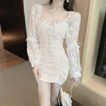 Sexy drawstring pleated lace dress female spring 2020 new slim square collar long sleeve bottoming dresses vestidos 2024 - buy cheap