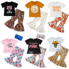 3Pcs Fashion Children Girls Short Sleeve Tassel T-shirt Tops + Printed Flare Pants Kids Clothes Set 2021 Summer Baby Outfits 2024 - buy cheap