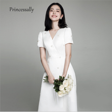 Платье свадебное атласное с рукавами, белое простое ТРАПЕЦИЕВИДНОЕ ПЛАТЬЕ невесты в Корейском стиле, с цветочной вышивкой, в стиле бохо 2024 - купить недорого