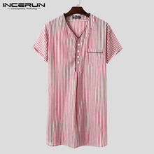 INCERUN Men Striped Nightgown Short Sleeve Sleep Robes V Neck Cotton Homewear 2022 Breathable Men Dressing Gown Cozy Bathrobes 2024 - buy cheap