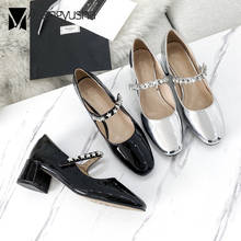 Mary Janes-zapatos de tacón grueso para mujer, calzado de fiesta con punta cuadrada, de cuero, plateado, con decoración de cristal 2024 - compra barato