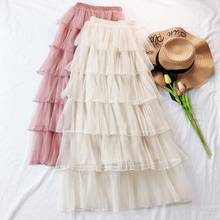 Womens Cake Layered Maxi Long Tulle Skirts Streetwear Tiered Mesh Ruffled Tutu Ankle Long Skirts Pink Gray Ivory 2024 - buy cheap