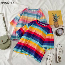 Short Sleeve T-shirts Rainbow Striped Colorful Couples Chic Tshirts Womens Leisure Harajuku All-match Summer Ins Funny Tees New 2024 - buy cheap