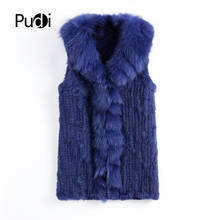 VT901 Pudi Autumn Fashion Women Genuine Rabbit Fur Vest With Real Fox Fur Collar Long Lady Casual Coat 2024 - buy cheap