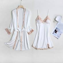 Ropa de dormir Sexy con cuello en V para mujer, conjunto de Bata y bata de encaje de satén blanco, camisón, lencería, ropa interior 2024 - compra barato