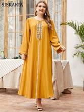 Женское платье в стиле инди-фолк абайя, элегантное желтое этническое платье с вышивкой, длинный рукав в арабском стиле, Оман, Кувейт, мусульманская одежда, лето 2021 2024 - купить недорого