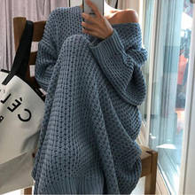 Fashion Oversize Autumn Winter Long Sweater Dress Women Batwing Sleeve Female V-neck Loose Knitted Pullovers Dress Chic 2024 - buy cheap