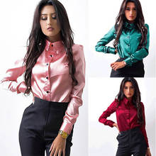 Blusa elegante de satén para mujer, camisa Formal de manga larga con cuello vuelto, color rojo vino y verde, para oficina 2024 - compra barato