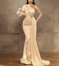 Long Beaded Satin Mermaid Champagne Evening Dresses Arabic Floor Length Zipper Pleated Abendkleider Formal Party Gowns for Women 2024 - buy cheap