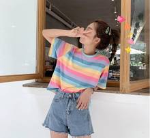 2022 novo verão casual tshirt arco-íris listrado manga curta camiseta feminina topos harajuku estilo coreano meninas do sexo feminino t plus size 2024 - compre barato