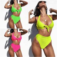 0020 Sexy Fluorescence Green High Waist Push Up Bikini Set Female Bandeau Swimsuit Women Beachwear Bathing Suit Wholesale 2024 - buy cheap