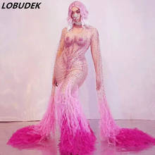 Pink Tassel Rhinestones Transparent Floor-length Long Dress Women Singer Host Models Catwalk Prom Evening Party Stage Costume 2024 - buy cheap