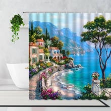 Jardim mediterrâneo pintura a óleo cortina de chuveiro seaside cenário natural decoração do banheiro cortinas banho à prova dwaterproof água com ganchos 2024 - compre barato