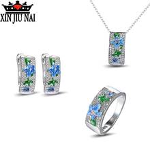 2020 hot sale new arrival enamel color blue flower drop glue pendant Europe and America ring earring wedding suit women 2024 - buy cheap