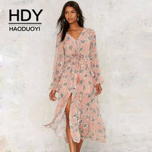 HDY HAODUOYI Women Dress Fashion Autumn Loose Sexy Personality Tropical Floral Print V-neck Casual Beach Long-sleeved Midi Dress 2024 - buy cheap