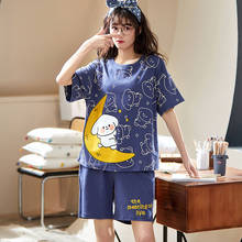 2021 Summer Cotton Women's Pajamas Simple Moon Rabbit Print Pajama Sets Blue Short Sleeve Suit Sleepwear  Female Home Clothes 2024 - buy cheap