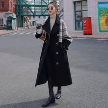Casaco de lã feminino inverno novo xadrez manga artificial lã costura preto longo lapela duplo breasted grosso high-end jaqueta fc9 2024 - compre barato