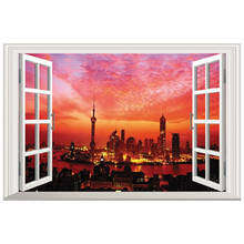 Mural de ventana falsa 3d con vista nocturna de ciudad de China, arte de pared, pegatinas de vinilo, decoración del hogar, gran paisaje de Shanghai, papel tapiz, 60x40cm 2024 - compra barato