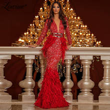 Profundo decote em v vermelho pena sereia vestidos de noite lantejoulas 2020 robe de soiree árabe kaftans marroquino celebridade festa de formatura vestido 2024 - compre barato