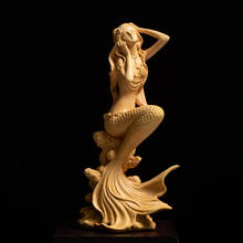 Escultura de sereia de madeira criativa mão pura esculpida boxwood escultura decoração para casa beleza figura artesanato coleção 2024 - compre barato