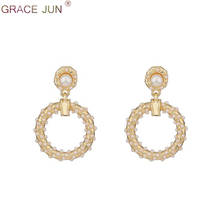 GRACE JUN-pendientes de estilo coreano para mujer, aretes con Clip de perla simulada de doble círculo redondo, piercing, el mejor regalo de joyería 2024 - compra barato