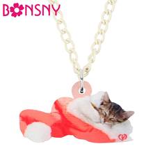 Bonsny Acrylic Christmas Hat Short Hair Cat Necklace Pendant Chain Animal Jewelry For Women Girls Teens Kid Charm Gift Accessory 2024 - buy cheap