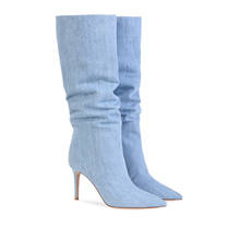 Botas femininas plissadas de brim azul claro, botas curtas de cowboy sólidos, salto alto fino, sem cadarço 2024 - compre barato