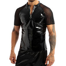 Mens Patent Leather T-Shirts Tops Wet Look Round Neck Sheer Costumes Mesh Short Sleeves Half Front Zipper T-Shirts Tops Clubwear 2024 - buy cheap