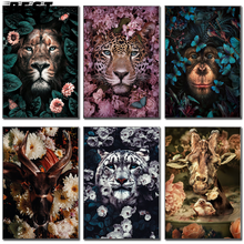 Pintura abstracta de lienzo para decoración de sala de estar, póster con estampado nórdico, flor, Animal, León, Tigre, ciervo, leopardo, arte de pared 2024 - compra barato