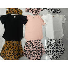 0-18M Baby Girls Three Piece Set Baby Solid Color Romper Tops Leopard Print Shorts Hair Band For Girls Summer Clothes Set 2024 - buy cheap