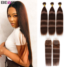 Cabelo liso brasileiro leve marrom, mechas com fechamento de cabelo humano, com fecho de renda, cabelo remy preto para mulheres 2024 - compre barato