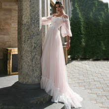 Floor Length Pink Tullle Long Wedding Dress Beach Appliqued Lace Long Puffy Sleeve Wedding Gowns  robe de mariée Plus Size  2020 2024 - buy cheap